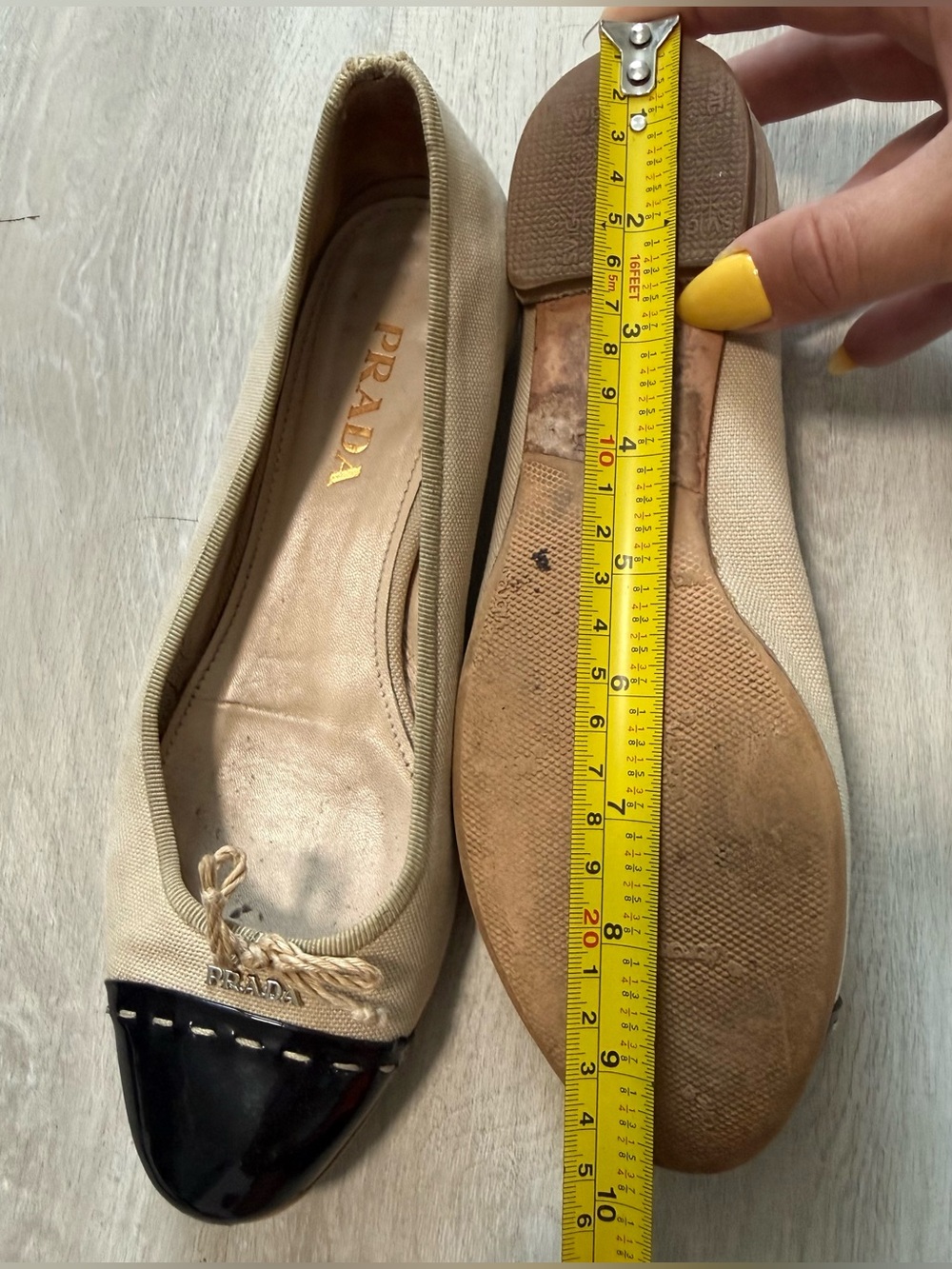 Prada Canvas Cap Toe Ballet Flats Beige Black Women Sz 7 - Picture 14 of 15